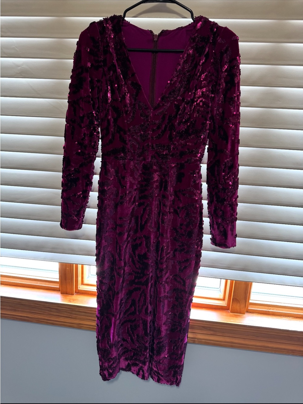 Embellished Long Sleeve Midi Dress in Deep Berry